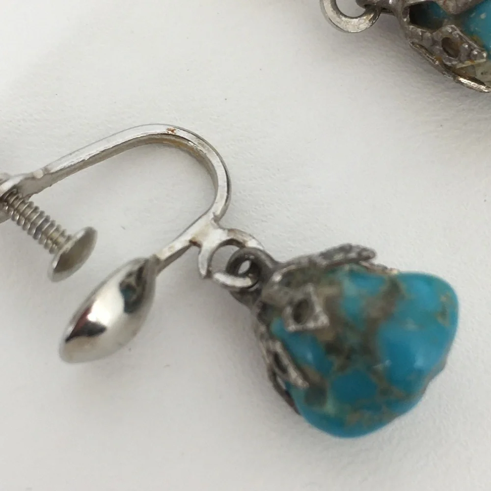 Vintage Screw Back Blue Moon Turquoise Dangle Earrings Silver Tone Filigree